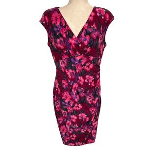 Lauren Ralph Lauren Dress Womens 12 Pink Purple Floral Vibrant Ruched Sheath